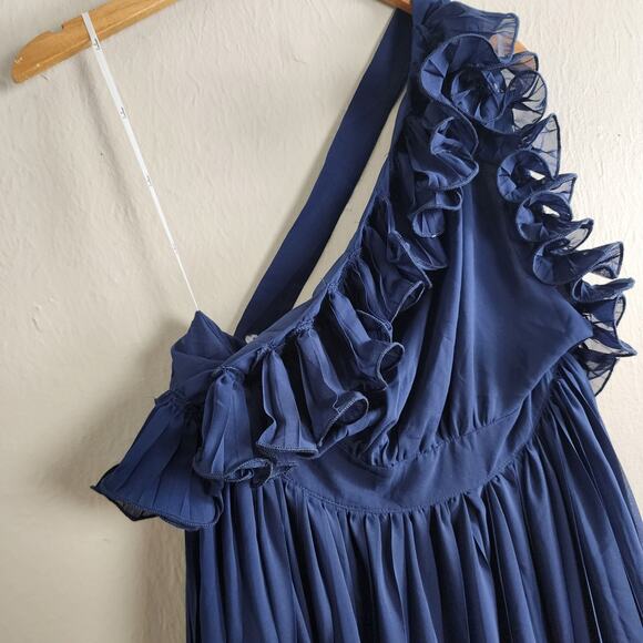 NEW Lulus Splendid Charisma Navy Ruffled Pleated One Shoulder Midi Dress - Picture 9 of 16